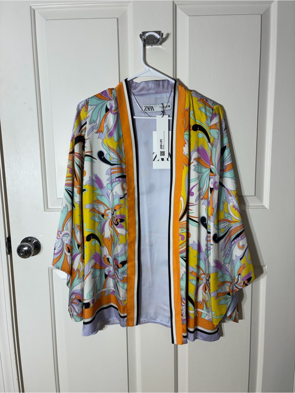 Zara Multicolor Floral Kimono Jacket with Yellow Trim